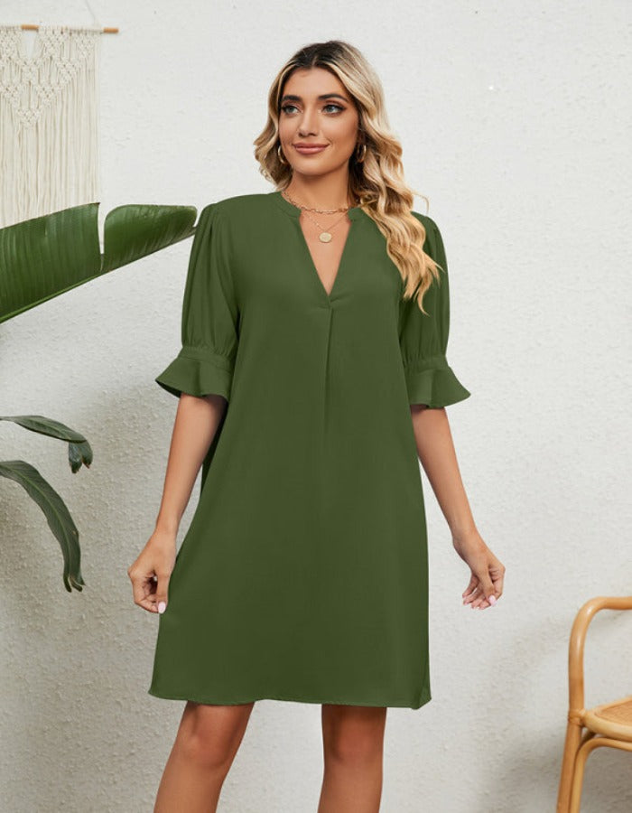 SHOPIQAT Solid Colour V-Neck Loose Gathered Five-Quarter Sleeve Dress - Premium Dresses from shopiqat - Just $8.900! Shop now at shopiqat